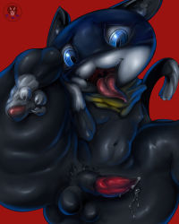 Rule 34 | 10s, absurdres, afrometalmizu, animal hands, blue eyes, cum, fur, highres, male focus, megami tensei, morgana (persona 5), penis, persona, persona 5, testicles, tongue, tongue out, video game