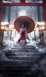 Rule 34 | 1girl, bare shoulders, belt, black hair, breasts, clogs, full body, hair ribbon, highres, holding, holding umbrella, japanese clothes, kimono, lantern, legs, long hair, looking at viewer, miko, new year, original, red eyes, ribbon, shrine, skirt, snow, snowing, solo, stairs, thighhighs, torii, tree, umbrella, white thighhighs, yoaferia