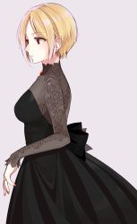 Rule 34 | 1girl, back bow, black bow, black dress, blonde hair, bow, chest jewel, chisumi, closed mouth, dress, earrings, from side, grey background, highres, jewelry, long sleeves, nail polish, original, parted bangs, red eyes, red nails, ring, short hair, simple background, solo, standing
