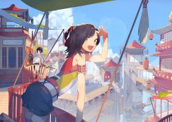 Rule 34 | 1boy, 2girls, :d, architecture, bare shoulders, black hair, blue eyes, building, cloud, day, east asian architecture, hair ornament, lantern, leaning forward, multiple girls, muraichi, open mouth, original, scenery, sitting, sky, smile