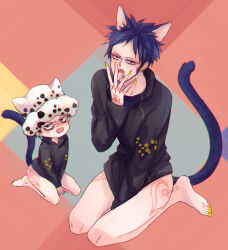 Rule 34 | 2boys, aged down, animal ears, black coat, black hair, blush, bottomless, cat boy, cat ears, cat tail, cheese neko3, coat, dual persona, earrings, facial hair, fangs, feet, full-face blush, goatee, hand tattoo, hat, highres, jewelry, leg tattoo, licking, looking at viewer, male focus, multiple boys, one piece, open mouth, short hair, sitting, tail, tattoo, trafalgar law, wariza, yellow eyes