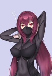 Rule 34 | 1girl, armor, arms behind head, arms up, blue background, blush, bodysuit, breasts, commentary request, covered erect nipples, covered navel, crimecrime, fate/grand order, fate (series), hair intakes, highres, large breasts, leotard, long hair, looking at viewer, mask, mouth mask, pauldrons, purple bodysuit, purple hair, purple leotard, red eyes, scathach (fate), scathach (first ascension) (fate), shoulder armor, simple background, solo