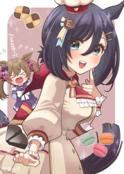 Rule 34 | &gt; &lt;, 2girls, absurdres, animal ears, black hair, blush, border, bow, cake, chef hat, chocolate, commentary request, cookie, cowboy shot, dress, eishin flash (collect chocolatier) (umamusume), eishin flash (umamusume), food, frilled dress, frills, hair between eyes, hair ornament, hairclip, hat, highres, horse ears, horse girl, horse tail, long sleeves, macaron, medium hair, multiple girls, nankanashi, official alternate costume, open mouth, pink background, pleated skirt, puffy sleeves, purple serafuku, purple shirt, purple skirt, school uniform, serafuku, shirt, simple background, skirt, smart falcon (umamusume), smile, tail, teeth, translation request, twintails, umamusume, upper teeth only, white border, white bow, white dress, winter uniform