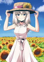 Rule 34 | 1girl, absurdres, blue eyes, blue sky, blurry, blurry background, brown hat, casual, cloud, cloudy sky, collared dress, commentary request, cowboy shot, day, depth of field, dress, field, flower, flower field, girls und panzer, grey hair, grin, half-closed eyes, hands on headwear, hat, hat flower, highres, horizon, itsumi erika, kamishima kanon, looking at viewer, medium dress, medium hair, outdoors, sky, sleeveless, sleeveless dress, smile, solo, standing, straw hat, sunflower, white dress