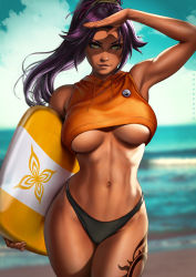 Rule 34 | 1girl, alternate costume, arm up, armpits, bare arms, bare hips, bare legs, bare shoulders, bikini, bikini bottom only, black bikini, bleach, blue sky, breasts, breasts apart, cloud, cloudy sky, curvy, dandon fuga, dark-skinned female, dark skin, day, female focus, highres, hip focus, holding, kickboard, large breasts, legs, legs together, lips, long hair, looking at viewer, narrow waist, navel, no bra, ocean, outdoors, ponytail, purple hair, shihouin yoruichi, shiny skin, sky, sleeveless, smile, solo, standing, stomach, swimsuit, tattoo, thighs, toned, underboob, water, wide hips, yellow eyes