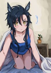 Rule 34 | 1girl, absurdres, air shakur (umamusume), all fours, animal ears, asymmetrical bangs, bare shoulders, bed, black hair, blanket, blue shirt, breasts, closed mouth, collarbone, eyebrow piercing, highres, horse ears, indoors, long hair, looking at viewer, on bed, piercing, plant, potted plant, pov, samedonburi, shirt, small breasts, solo, tank top, translation request, umamusume, under covers, yellow eyes