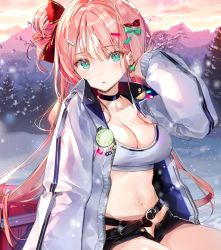 Rule 34 | 1girl, aqua eyes, belt, black shorts, bow, breasts, choker, cleavage, collarbone, crop top, day, dsmile, earrings, hair bow, hair bun, hair ornament, hair ribbon, hairclip, hand up, jacket, jewelry, large breasts, long hair, long sleeves, looking at viewer, micro shorts, midriff, navel, open clothes, open fly, open jacket, original, outdoors, parted lips, pink hair, red ribbon, ribbon, shirt, shorts, side bun, single hair bun, single side bun, sitting, solo, stomach, thighs, very long hair, white jacket, white shirt