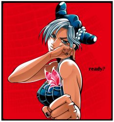Rule 34 | 1girl, black eyes, black hair, black nails, blood, blood in mouth, braid, braided ponytail, bug, butterfly, clenched hand, cone hair bun, double bun, fighting stance, grey hair, hair bun, halterneck, halterneck, insect, jojo no kimyou na bouken, kuujou jolyne, multicolored hair, nail polish, spider web background, spider web print, stone ocean, tazbun, two-tone hair, wiping face