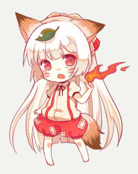 Rule 34 | 1girl, animal ears, blush, bow, cat ears, cat girl, cat tail, fang, female focus, fire, fox ears, fox tail, fujiwara no mokou, haikichi, hair bow, leaf, long hair, open mouth, red eyes, short sleeves, silver hair, simple background, solo, suspenders, tail, touhou, very long hair, whiskers
