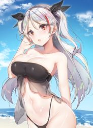 Rule 34 | &gt;:o, 1girl, :o, absurdres, arm behind back, azur lane, bad id, bad twitter id, bare arms, bare shoulders, beach, bikini, black bikini, blue sky, breasts, cloud, cloudy sky, collarbone, commentary request, day, female focus, hair ribbon, hand up, highleg, highleg bikini, highleg swimsuit, highres, large breasts, long hair, looking at viewer, mole, mole on breast, multicolored hair, navel, neck, open mouth, outdoors, prinz eugen (azur lane), red eyes, ribbon, silver hair, skindentation, sky, solo, standing, strapless, strapless bikini, streaked hair, swimsuit, two side up, yayoichi (yoruyoru108)