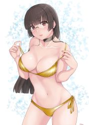 Rule 34 | 1girl, absurdres, bikini, black hair, blunt bangs, breasts, brown hair, choker, choukai (kancolle), cleavage, commentary request, contrapposto, glasses, gold bikini, highres, jouzaburou (joe3), kantai collection, large breasts, long hair, looking at viewer, red eyes, rimless eyewear, side-tie bikini bottom, solo, standing, swimsuit