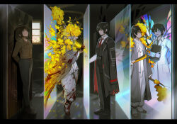 Rule 34 | 1girl, 2boys, black eyes, black hair, blood, blood on clothes, blood on face, branch, closed mouth, coat, crystal wings, dongbaek (project moon), e.g.o (project moon), flaw eight, flower, golden bough (limbus company), grey coat, holding, holding branch, limbus company, long sleeves, medium hair, mirror, multiple boys, multiple persona, multiple views, pants, project moon, sang yi (project moon), spoilers, white coat, white hair, white pants, yellow flower, yi sang (project moon)