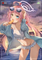 Rule 34 | 1girl, ahoge, bikini, blue archive, blue eyes, blue jacket, blush, breasts, commentary request, eyewear on head, food, frilled bikini, frills, halo, heterochromia, highres, holding, holding food, holding popsicle, hoshino (blue archive), hoshino (swimsuit) (blue archive), jacket, kirikaze ren, long hair, looking at viewer, low twintails, official alternate costume, open mouth, pink hair, popsicle, small breasts, smile, solo, sunglasses, swimsuit, twintails, wading, water, white bikini, yellow eyes