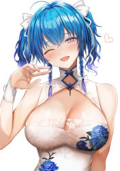 Rule 34 | 1girl, ;d, abandon ranka, ahoge, alternate costume, azur lane, blue hair, blush, braid, breasts, chinese clothes, cleavage, cleavage cutout, clothing cutout, hair ribbon, heart, highres, large breasts, looking at viewer, one eye closed, open mouth, purple eyes, ribbon, short hair, simple background, smile, solo, st. louis (azur lane), st. louis (blue and white pottery) (azur lane), twin braids, twintails, upper body, white background, white ribbon
