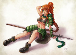 Rule 34 | 1girl, armor, body freckles, boots, braid, braided ponytail, breasts, cleavage, crop top, crop top overhang, female focus, freckles, full body, green eyes, long hair, maxa&#039;, medium breasts, midriff, orange hair, original, polearm, ponytail, scar, scar across eye, scar on face, smile, solo, spear, tank top, very long hair, weapon
