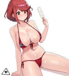Rule 34 | 1girl, arm up, bare arms, bare shoulders, bikini, blush, breasts, cleavage, donburi (donburikazoku), food, food on body, food on breasts, front-tie bikini top, front-tie top, highres, holding, large breasts, navel, nintendo, orange eyes, popsicle, pyra (xenoblade), red bikini, red hair, short hair, simple background, sitting, solo, stomach, string bikini, suggestive fluid, swept bangs, swimsuit, thighs, tiara, upper body, white background, xenoblade chronicles (series), xenoblade chronicles 2