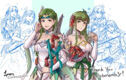 Rule 34 | 2girls, alternate costume, bouquet, cm lynarc, collarbone, commentary, commission, english commentary, fire emblem, fire emblem: mystery of the emblem, fire emblem: the sacred stones, fire emblem heroes, flower, green eyes, green hair, headband, highres, holding, holding bouquet, holding polearm, holding weapon, lance, long hair, multiple girls, nintendo, palla (fire emblem), polearm, red headband, sketch inset, syrene (fire emblem), thank you, weapon
