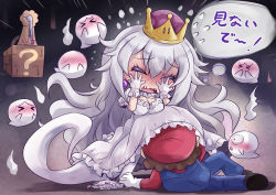 Rule 34 | &gt; &lt;, 1boy, 1girl, blue overalls, blush, boo (mario), breasts, brown hair, chibi, cleavage, closed eyes, clothes theft, commentary request, crown, dress, earrings, embarrassed, eyelashes, fangs, full-face blush, geoduck, ghost, ghost tail, gloves, hat, head under another&#039;s clothes, highres, jewelry, large breasts, long hair, mario, mario (series), new super mario bros. u deluxe, nintendo, open mouth, overalls, panties, princess king boo, red headwear, red shirt, sekiguchi miiru, shirt, super crown, theft, under another&#039;s clothes, underwear, underwear theft, unworn panties, very long hair, white dress, white gloves, white hair