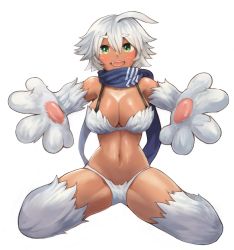 Rule 34 | 1girl, :d, absurdres, ahoge, animal hands, bare shoulders, blue scarf, blush, breasts, cleavage, dark-skinned female, dark skin, fang, foreshortening, full body, fur, fur bikini, green eyes, highres, incoming hug, large breasts, looking at viewer, monster girl, monster girl encyclopedia, navel, open mouth, outstretched arms, scarf, shiny skin, short hair, simple background, smile, solo, sookmo, spread legs, thick eyebrows, white background, white hair, yeti (monster girl encyclopedia)