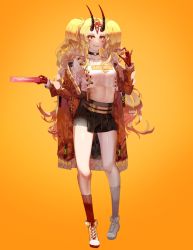 Rule 34 | 1girl, alternate costume, blonde hair, casual, character name, clothes writing, contemporary, cropped shirt, doughnut, facial mark, fate/grand order, fate (series), fingernails, food, forehead mark, highres, horns, ibaraki douji (fate), jacket, midriff, miniskirt, oni, oni horns, pleated skirt, sharp fingernails, shei99, skirt, twintails, yellow eyes