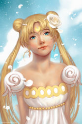 Rule 34 | 1990s (style), 1girl, bare shoulders, bishoujo senshi sailor moon, blonde hair, crescent, crescent facial mark, double bun, dress, earrings, facial mark, flower, forehead mark, hair ornament, hairpin, highres, jewelry, lips, long hair, princess serenity, qinni, queen serenity, retro artstyle, rose, solo, strapless, strapless dress, tsukino usagi, twintails, white dress, white flower, white rose