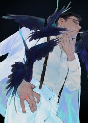 Rule 34 | almostghost, black hair, black pants, black suit, cigarette, collared shirt, feathered wings, formal, from below, glasses, gradient background, hair slicked back, hand on own face, hand on own hip, highres, hunter x hunter, ken&#039;i wang, looking at viewer, male focus, pants, shirt, short hair, signature, simple background, suit, white shirt, wings