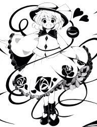Rule 34 | 1girl, black footwear, blouse, buttons, collared shirt, commentary request, diamond button, frills, greyscale, hair ornament, hanokami, hat, hat ribbon, heart, high contrast, highres, komeiji koishi, long sleeves, looking at viewer, medium hair, monochrome, ribbon, shirt, shoes, simple background, solo, third eye, touhou, wavy hair, white background, wide sleeves