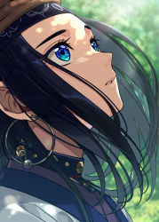 Rule 34 | 1girl, absurdres, ainu clothes, asirpa, bandana, black hair, blue eyes, commentary, dappled sunlight, day, earrings, eye reflection, eyelashes, from side, golden kamuy, highres, hoop earrings, jewelry, long hair, looking up, onimoti, outdoors, parted lips, portrait, profile, reflection, resolution mismatch, solo, source smaller, sugimoto saichi, sunlight