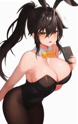Rule 34 | 1girl, absurdres, bare arms, bare shoulders, black hair, black leotard, blush, bow, bowtie, breasts, cleavage, closers, commentary, commission, cowboy shot, dasi (kwts3227), detached collar, english commentary, flying sweatdrops, genderswap, genderswap (mtf), highres, holding, holding phone, large breasts, leotard, long hair, looking at viewer, messy hair, pantyhose, parted lips, phone, playboy bunny, ponytail, raised eyebrows, seha lee, seri lee, sidelocks, simple background, solo, strapless, strapless leotard, white background, yellow bow, yellow bowtie, yellow eyes