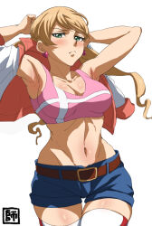 Rule 34 | 1girl, armpits, arms up, artist logo, atamadarurun, bare shoulders, belt, blonde hair, blue shorts, blush, breasts, brown belt, cleavage, closed mouth, collarbone, commentary request, cowboy shot, cropped jacket, denim, denim shorts, earrings, frown, green eyes, groin, gundam, gundam tekketsu no orphans, heart, heart earrings, highres, jacket, jacket partially removed, jewelry, lafter frankland, long hair, looking at viewer, medium breasts, midriff, navel, open clothes, open jacket, pink sports bra, short shorts, shorts, sidelocks, simple background, solo, sports bra, standing, swept bangs, thigh gap, thighhighs, twintails, white background, white jacket, white thighhighs