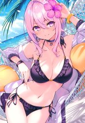 Rule 34 | 1girl, absurdres, bare shoulders, bikini, blue sky, bracelet, breasts, choker, cleavage, closed mouth, cloud, cloudy sky, cu-no, fingernails, flower, frilled bikini, frills, hair flower, hair ornament, hand up, hibiscus, highres, hisen kaede, jacket, jewelry, large breasts, lips, looking at viewer, nail polish, navel, ocean, off shoulder, open clothes, open jacket, pink hair, purple eyes, scan, short hair, simple background, sky, smile, solo, stomach, swimsuit, thighs, water, yayoi sakura