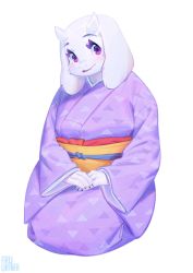 Rule 34 | 1girl, animal ears, artist name, blush, colored eyelashes, eyelashes, full body, furry, furry female, goat ears, goat horns, highres, horns, inuki (aruurara), japanese clothes, kimono, kneeling, looking at viewer, own hands together, purple eyes, simple background, smile, solo, toriel, undertale, white fur