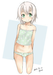 Rule 34 | 1girl, absurdres, ahoge, artist name, camisole, cropped legs, dated, fyuo, glasses, green camisole, green eyes, green panties, grin, highres, kantai collection, looking at viewer, panties, polka dot, polka dot camisole, polka dot panties, shimushu (kancolle), short hair, silver hair, smile, solo, standing, underwear