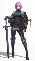Rule 34 | 1girl, absurdres, armor, belt, belt pouch, black footwear, blue sweater, blunt bangs, bob cut, breasts, brown belt, commentary, daeho cha, dress, english commentary, full body, gauntlets, highres, holding, holding sword, holding weapon, knee pads, lips, long sleeves, looking at viewer, medium breasts, medium hair, original, pauldrons, pink eyes, pink hair, pink lips, planted, planted sword, planted weapon, pouch, shadow, shield, shoulder armor, signature, solo, standing, sweater, sweater dress, sword, teeth, thighhighs, turtleneck, weapon, white background, zettai ryouiki