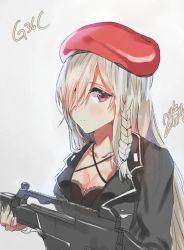 Rule 34 | 1girl, assault rifle, beret, blush, braid, breasts, character name, cleavage, closed mouth, collarbone, g36c (girls&#039; frontline), girls&#039; frontline, gloves, grey background, grey hair, gun, h&amp;k g36c, hair over one eye, hat, holding, holding gun, holding weapon, jacket, large breasts, long hair, looking at viewer, red eyes, rifle, shipi (sinonpigyueo), side braid, sidelocks, signature, simple background, solo, very long hair, weapon