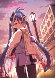 Rule 34 | 1girl, antenna hair, belt, black pantyhose, blue archive, blurry, bow, building, cloud, cloudy sky, commentary request, depth of field, fubuki (blue archive), hair between eyes, hair bow, hair ornament, hair ribbon, halo, hat, heart, heart hair ornament, highres, holding, jacket, lamppost, long hair, long sleeves, looking at viewer, mnnnya, multicolored hair, necktie, pantyhose, peaked cap, pencil skirt, pocket, police, police uniform, ribbon, sidelocks, skirt, sky, solo, streaked hair, turtleneck, turtleneck jacket, twilight, twintails, uniform, walkie-talkie