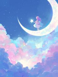 Rule 34 | 1girl, above clouds, absurdres, artist name, cloud, commentary request, crescent moon, dress, facing away, from behind, highres, long hair, moon, night, night sky, on crescent, original, outdoors, pink hair, short sleeves, signature, sky, solo, standing, star (sky), star (symbol), starry sky, white dress, wide shot, yuzuki kino