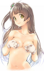 Rule 34 | 10s, 1girl, bow, breasts, brown eyes, brown hair, collarbone, covering privates, covering breasts, covering nipples, curvy, gloves, hair bow, highres, long hair, love live!, love live! school idol project, medium breasts, minami kotori, navel, nude, out-of-frame censoring, santa (sunflower), simple background, smile, solo, stomach, white background, white gloves, yellow eyes