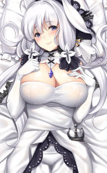 Rule 34 | 1girl, ahoge, azur lane, bed sheet, blue eyes, blush, breasts, closed mouth, cross, dakimakura (medium), dress, elbow gloves, gloves, hands up, headdress, illustrious (azur lane), jewelry, large breasts, long hair, looking at viewer, lying, mole, mole under eye, necklace, on back, pillow, silver hair, smile, solo, tony guisado, upper body, white dress, white gloves