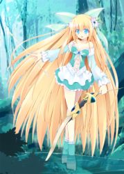 Rule 34 | 1girl, :d, arrow (projectile), bad id, bad pixiv id, barefoot, blonde hair, blue eyes, bow (weapon), breasts, cleavage, crossed legs, detached sleeves, dress, flower, full body, hair flower, hair ornament, highres, in water, kuon itsuki, long hair, medium breasts, open mouth, original, smile, solo, toeless legwear, toes, very long hair, wading, weapon