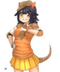 Rule 34 | 1girl, armadillo ears, armadillo tail, artist logo, black hair, commentary, cowboy shot, elbow pads, giant armadillo (kemono friends), grey eyes, grin, hand on own hip, hand on own chest, hat, highres, kemono friends, looking at viewer, medium hair, necktie, orange vest, pleated skirt, shirt, short sleeves, shoulder pads, signature, simple background, skirt, smile, solo, thin (suzuneya), vest, white background, white shirt, wing collar, yellow skirt