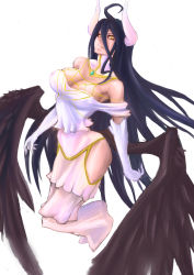 Rule 34 | 1girl, ahoge, albedo (overlord), armpits, bare shoulders, black hair, black wings, breasts, cleavage, demon girl, demon horns, dress, gloves, highres, hip vent, horns, large breasts, long hair, looking at viewer, overlord (maruyama), slit pupils, solo, taa (gtososgto), very long hair, white background, white dress, white gloves, wings, yellow eyes