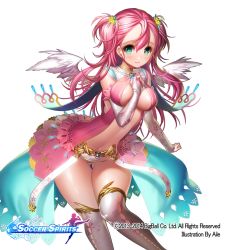 Rule 34 | 1girl, aile (crossroads), armati (soccer spirits), blue eyes, blush, breasts, elbow gloves, feathered wings, gloves, navel, official art, original, pink hair, simple background, smile, soccer spirits, solo, thighhighs, twintails, watermark, white background, wings