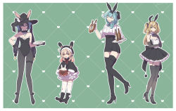 Rule 34 | 4girls, :d, ^ ^, animal ears, animal hat, animal hood, bare shoulders, black capelet, black dress, black footwear, black gloves, black hair, black hairband, black headwear, black leotard, blonde hair, blue hair, blush, boots, bottle, capelet, closed eyes, closed mouth, collarbone, dress, elbow gloves, eula (genshin impact), fake animal ears, fischl (genshin impact), fishnet thighhighs, fishnets, frilled dress, frilled leotard, frills, fur-trimmed capelet, fur-trimmed hood, fur trim, genshin impact, gloves, green background, green eyes, grey thighhighs, hairband, hand on own hip, hat, heart, heart background, high heel boots, high heels, highres, holding, holding bottle, holding tray, hood, hood up, hooded capelet, klee (genshin impact), leotard, long hair, mona (genshin impact), multiple girls, open mouth, pointy ears, shiratama (srtm on), smile, standing, standing on one leg, strapless, strapless leotard, thigh boots, thighhighs, thighhighs under boots, tray, twintails, two side up, very long hair, white thighhighs, witch hat