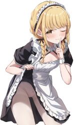 1girl alternate_costume apron black_dress black_ribbon blonde_hair blunt_bangs bow bow_panties braid closed_mouth clothes_lift commentary_request crotch_seam dress dress_lift fang fine_fabric_emphasis finger_to_mouth frilled_apron frills fujita_kotone gakuen_idolmaster hair_ribbon highres idolmaster leaning_forward looking_at_viewer maid maid_headdress medium_hair minazuki_(uraha246) one_eye_closed panties panties_under_pantyhose pantyhose pink_panties red_bow ribbon short_sleeves simple_background smile solo twin_braids underwear white_apron white_background white_pantyhose yellow_eyes