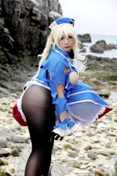 Rule 34 | 1girl, asian, atago (kancolle) (cosplay), atago (kancolle), blonde hair, breasts, chouzuki maryou, cosplay, gloves, highres, kantai collection, large breasts, military, military uniform, personification, photo (medium), plump, solo, torn clothes, uniform