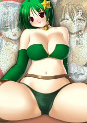 Rule 34 | 1girl, asamura hiori, bad id, bad pixiv id, bell, breasts, character request, cleavage, elbow gloves, gloves, green eyes, green hair, jingle bell, large breasts, midriff, original, source request, spread legs, thighhighs, tiny head
