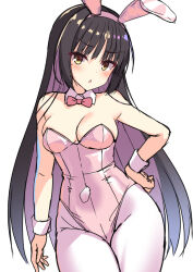 Rule 34 | 1girl, alternate costume, animal ears, aria (koiiroharemoyou), arm at side, bare shoulders, blush, bow, bowtie, breasts, cafe stella to shinigami no chou, cleavage, collar, commentary, cowboy shot, curvy, detached collar, eyelashes, eyes visible through hair, fake animal ears, groin, hair between eyes, hand on own hip, head tilt, leotard, long hair, looking at viewer, medium breasts, mole, mole under eye, open mouth, pantyhose, pink bow, pink bowtie, pink leotard, playboy bunny, rabbit ears, shiki natsume, simple background, solo, standing, straight hair, v-shaped eyebrows, very long hair, white background, white collar, white pantyhose, white wrist cuffs, wrist cuffs, yellow eyes