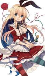Rule 34 | 1girl, absurdres, alice (alice in wonderland), alice (grimms notes), alice in wonderland, apron, asymmetrical legwear, blonde hair, blue eyes, chess piece, dress, green thighhighs, grimms notes, highres, long hair, mismatched legwear, open mouth, pantyhose, red dress, red thighhighs, retsuto, ribbon, smile, solo, striped clothes, striped pantyhose, striped thighhighs, thighhighs, waist apron, yarn, yarn ball