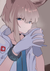 Rule 34 | 1girl, absurdres, arknights, blue eyes, cowboy shot, cross, cup, fox girl, gloves, grey hair, highres, holding, holding cup, infection monitor (arknights), lab coat, mug, red cross, smile, solo, sussurro (arknights), suzubotan, upper body, white gloves